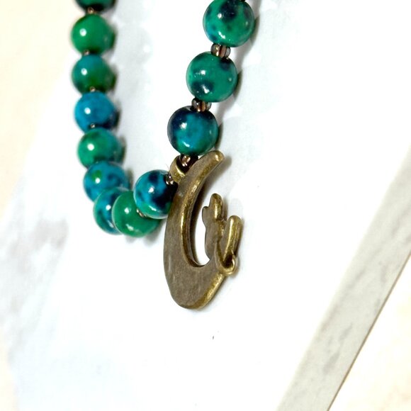 Teal Chrysocolla Short Necklace, Genuine Gemstone & Bronze Cat on the Moon Charm - Picture 6 of 13